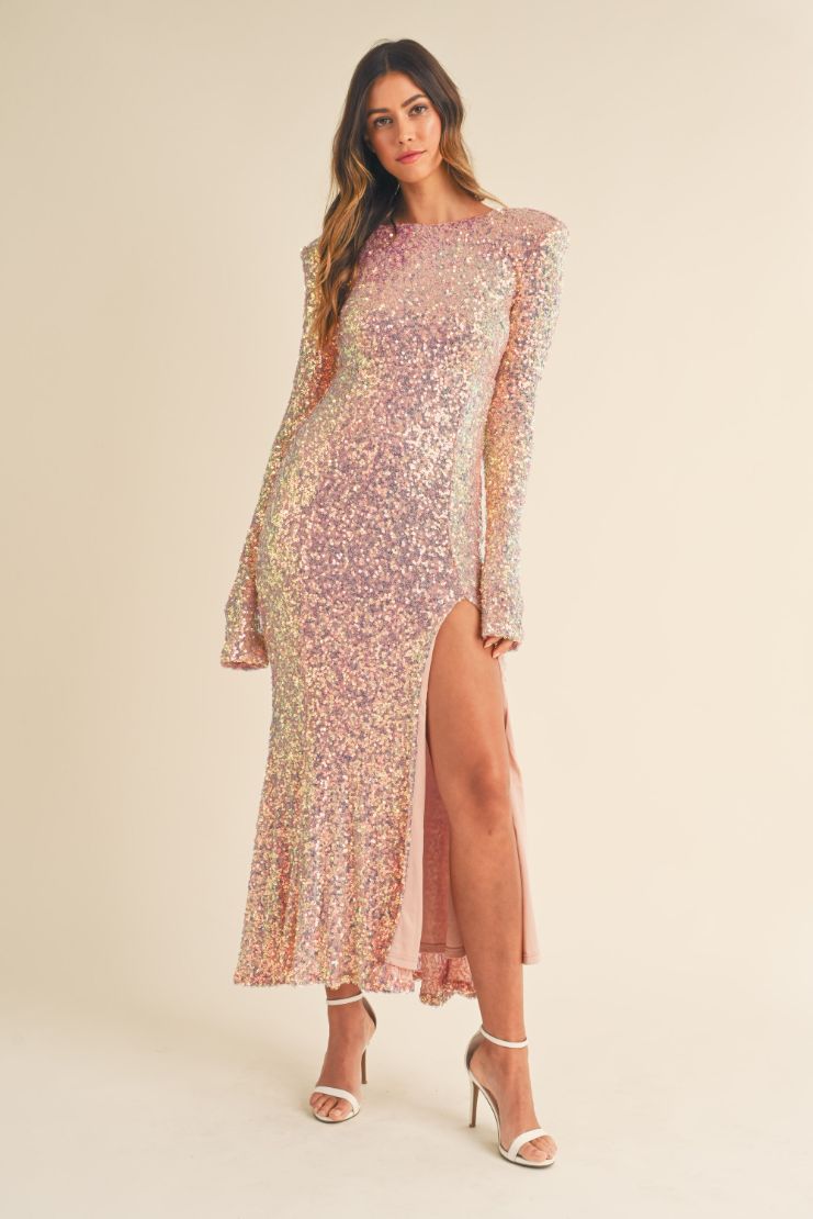 Mariah Sequin Long Sleeve Maxi Dress - Blush