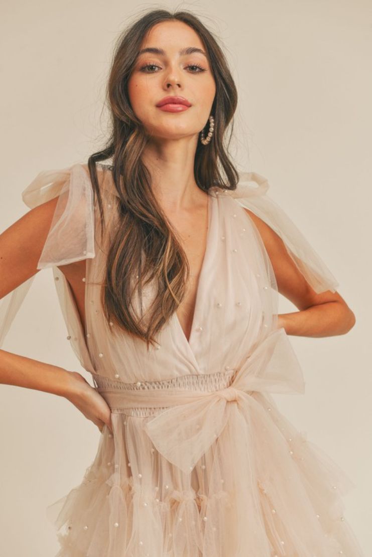 Sophia Pearl Tiered Tulle Mini Dress - Blush