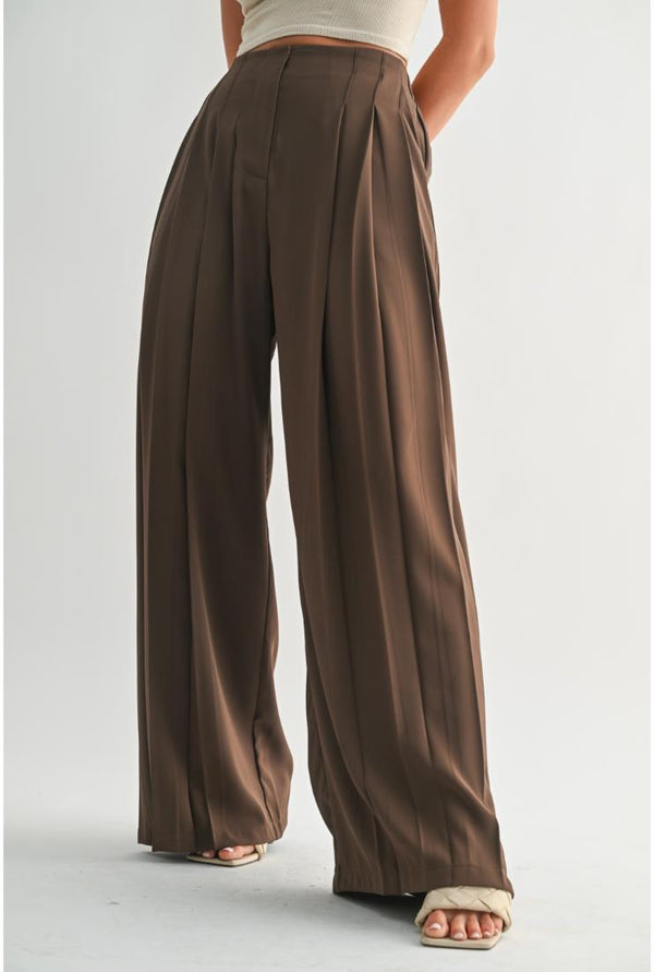 PRE-ORDER ONLY! (ETA October '25) Arden Pleated Wide Leg Chiffon Trousers - Brown
