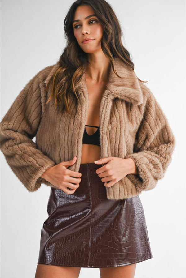 Ciara Faux Fur Long Sleeve Collared Jacket - Mocha