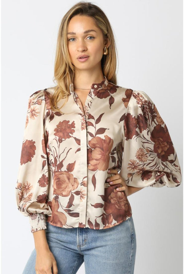 Bailey Floral Print Button Up Satin Blouse - Brown