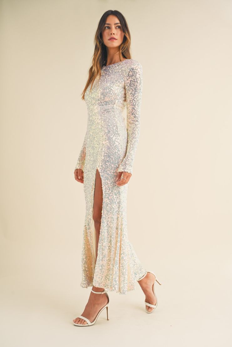 Mariah Sequin Long Sleeve Maxi Dress - Ivory