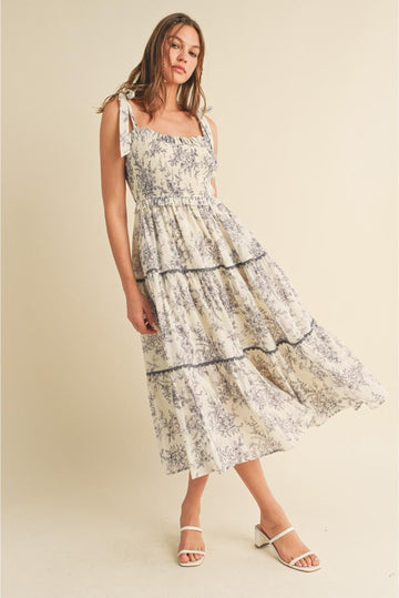 Emmie Vintage Floral Tiered Lace Midi - Gray