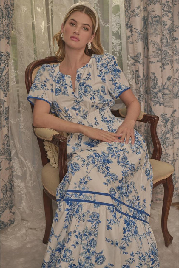 Celeste Blue Florals Smocked Midi Dress -  Blue