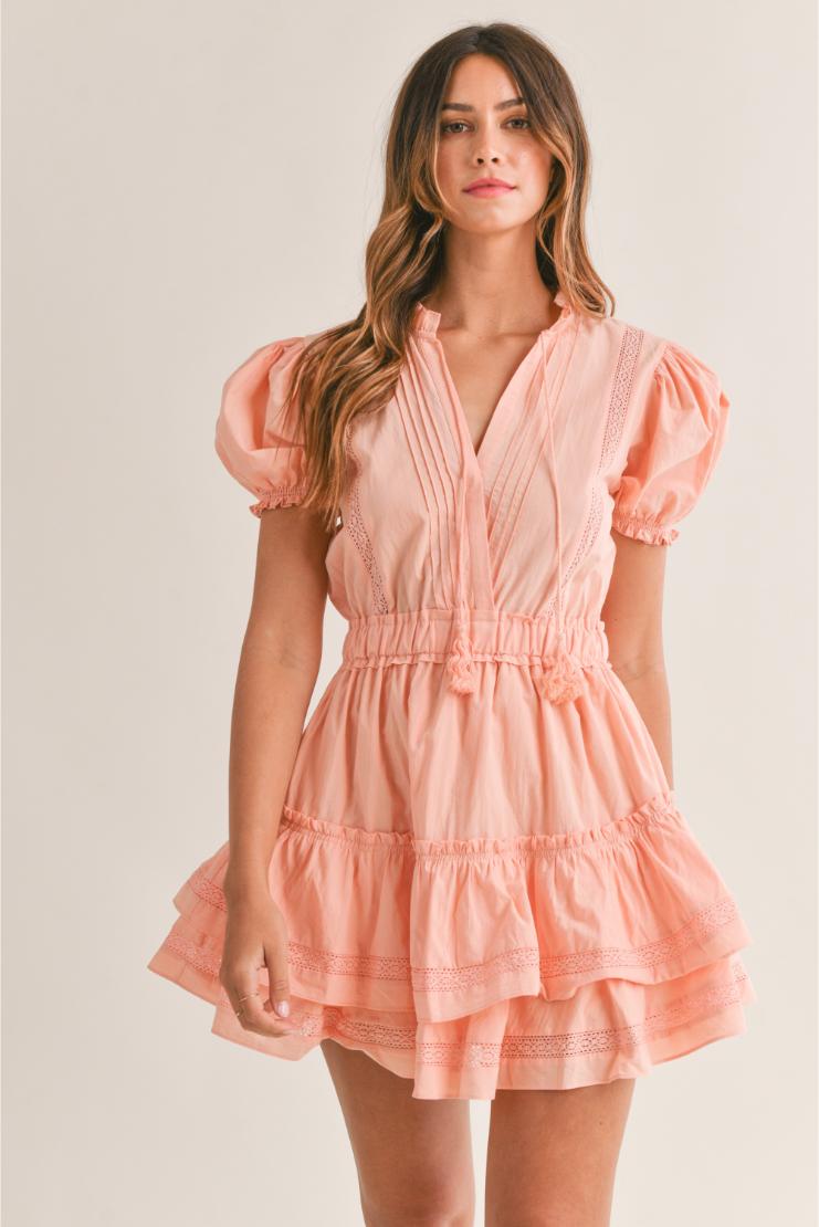 Allie Lace Detail Ruffle Tiered Mini Dress - Peach