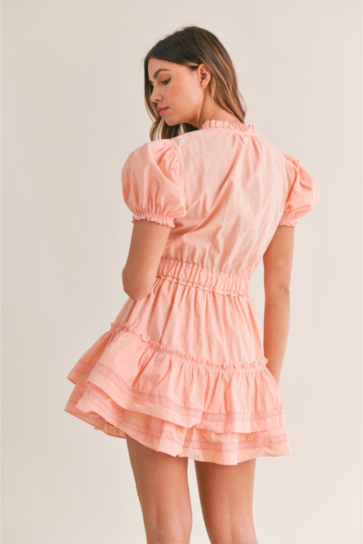 Allie Lace Detail Ruffle Tiered Mini Dress - Peach