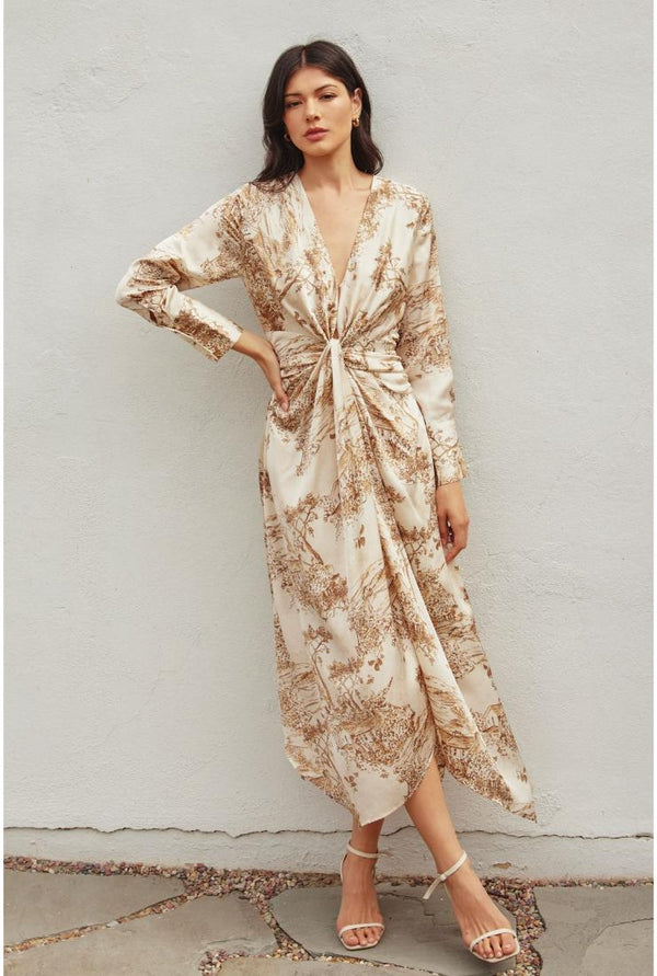 Priya Long Sleeve Vintage Print Satin Maxi