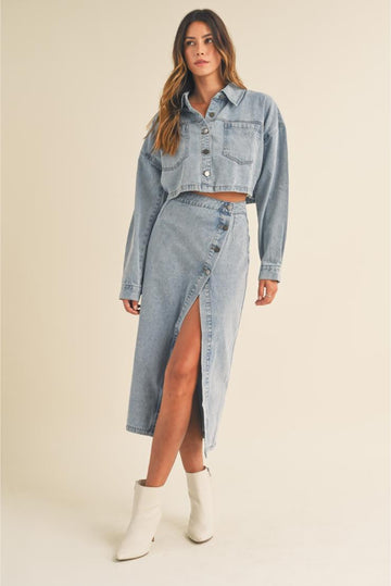 Debbie Denim Button Crop Jacket & Slit Skirt Set (Sold Separately)
