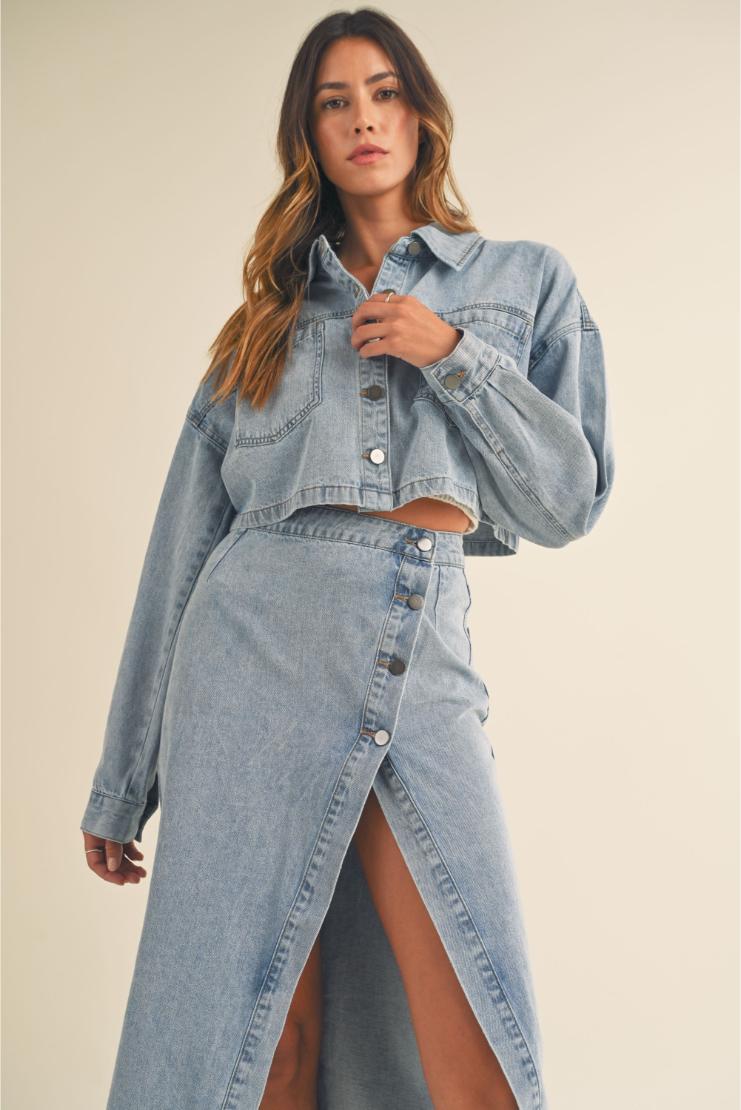Debbie Denim Button Crop Jacket & Slit Skirt Set (Sold Separately)