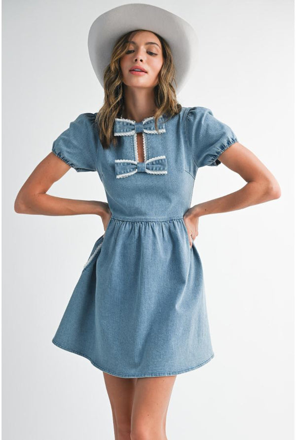 Iris Bow Lace Denim Mini Dress