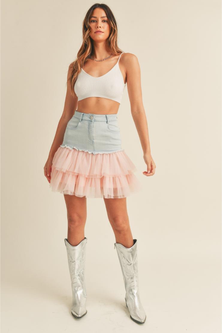 Annie Denim & Tulle Ruffle Mini Skirt