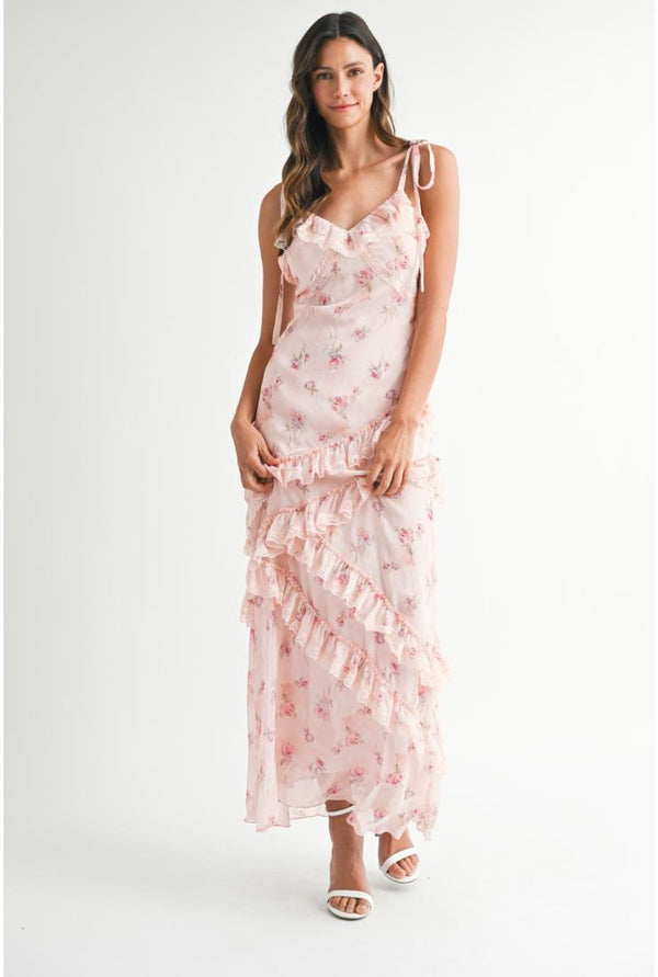 Savannah Floral Print Asymmetrical Ruffle Tiered Maxi Dress