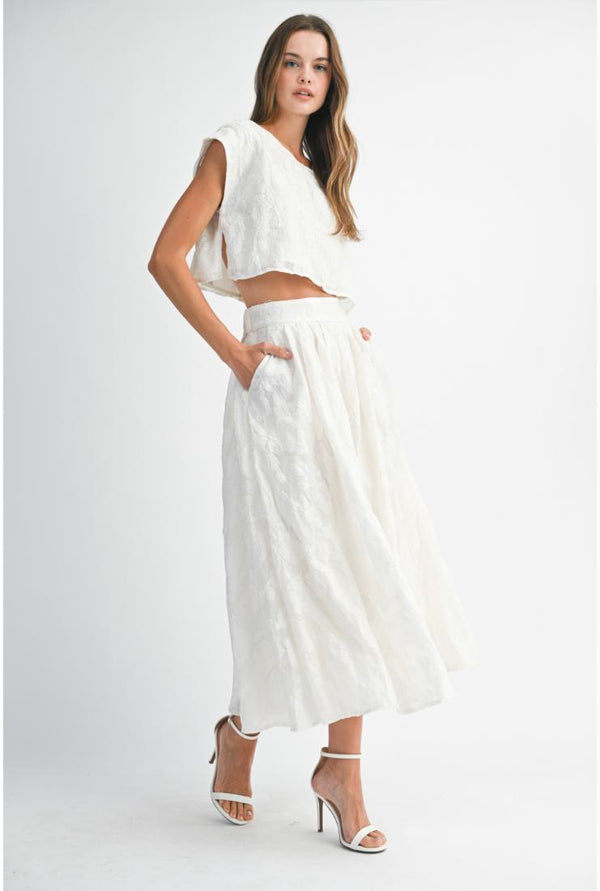 Lola Florals Textured Midi Skirt and Crop Top Set - Ivory