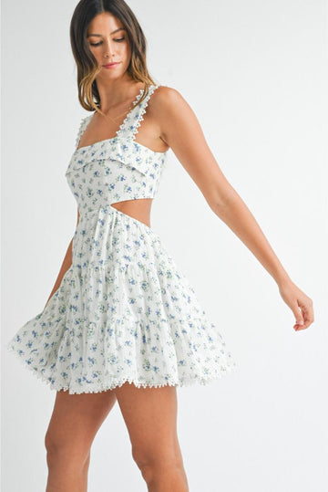 Emily Cut-Out Tiered Mini Sundress - Blue Floral