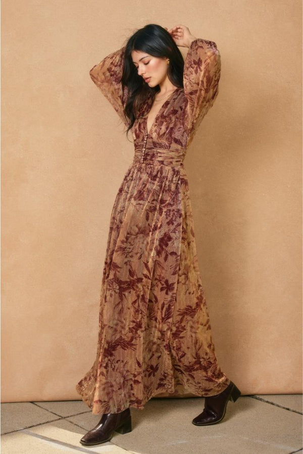 PRE-ORDER ONLY! (ETA October 15th) Golden Blooms Shimmering Metallic Florals Maxi Dress