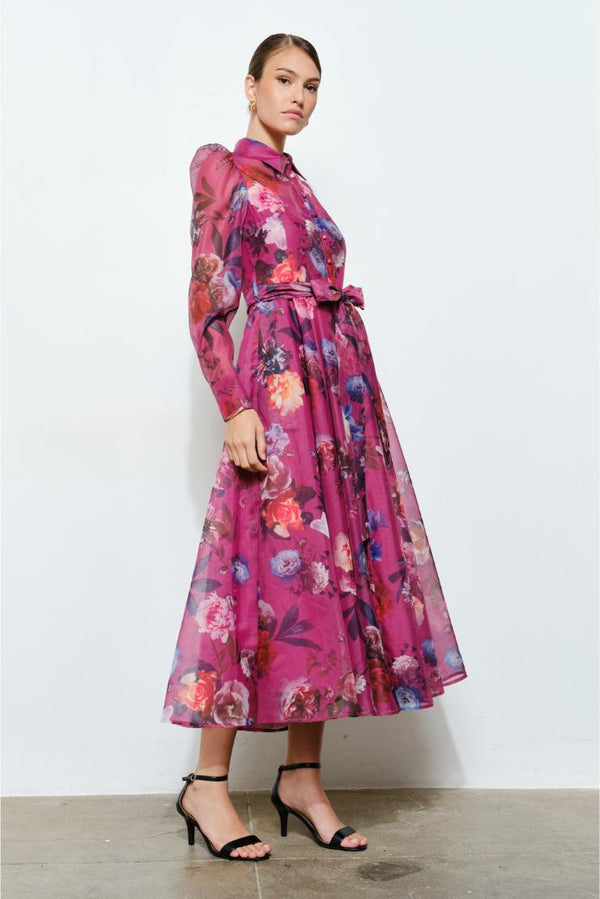 Flora Floral Print Organza Button-Up Midi Dress