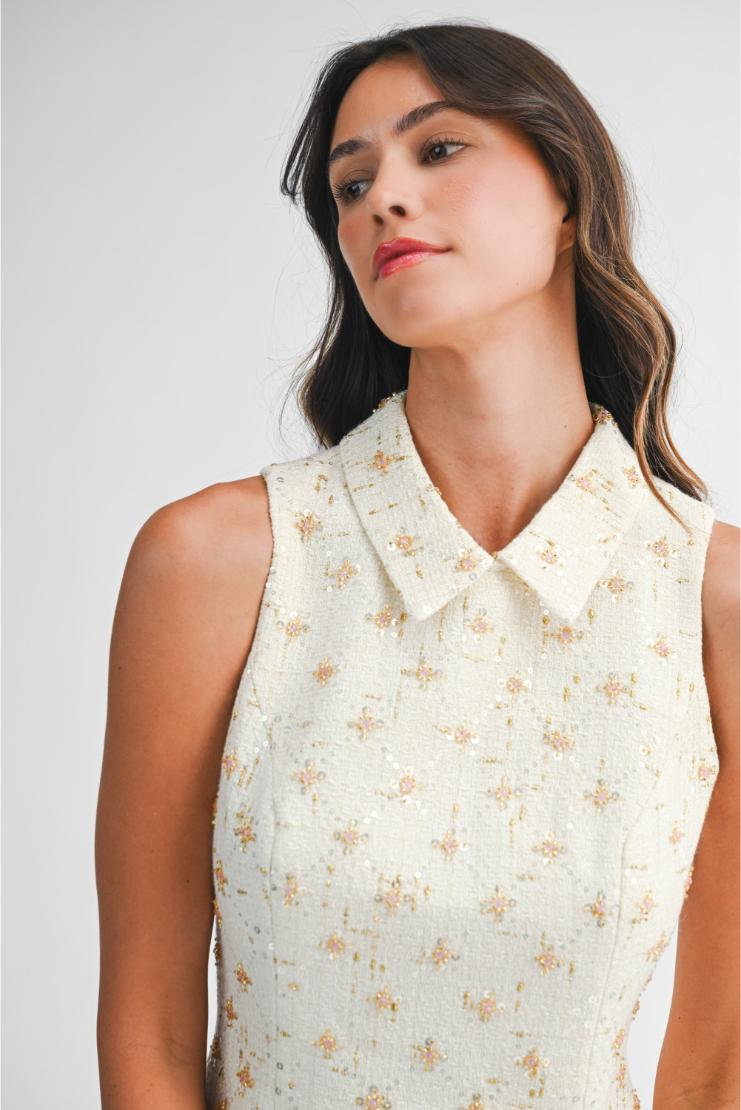 Women's Maya Beaded Tweed Sleeveless Flared Mini Dress In Size Small - Ivory - Pippa & Pearl Women's Maya Beaded Tweed Sleeveless Flared Mini Dress In Size Small - Ivory - Pippa & Pearl