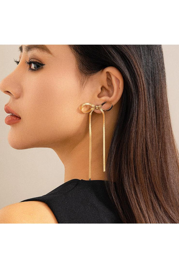 Gold Herringbone Snake Chain Elongated Bow Earrings