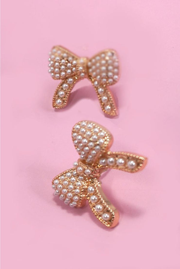 Gold Pave Pearl Bow Earrings