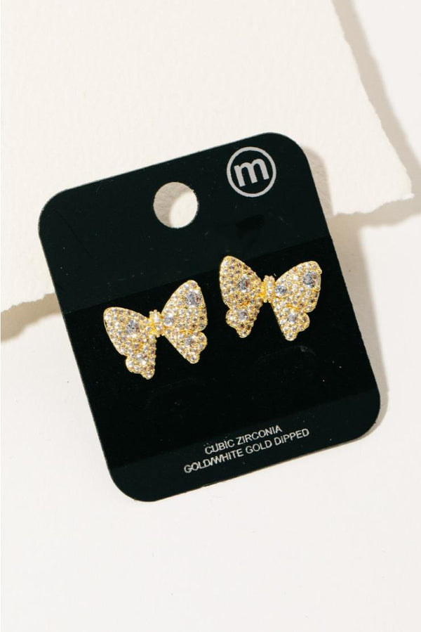 Gold Stainless Steel Cz Rhinestone Pave Ribbon Bow Earrings