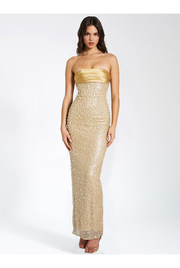 Marilyn Gold Satin Sequin & Pearls Maxi Dress