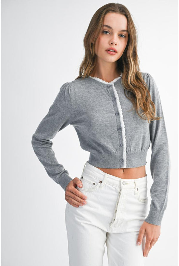 Avery Knit Button Up Cardigan Lace Contrast Trim - Gray