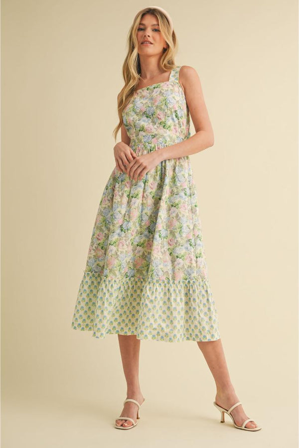Emma Mae Mixed Floral Prints Back Bow Midi Dress