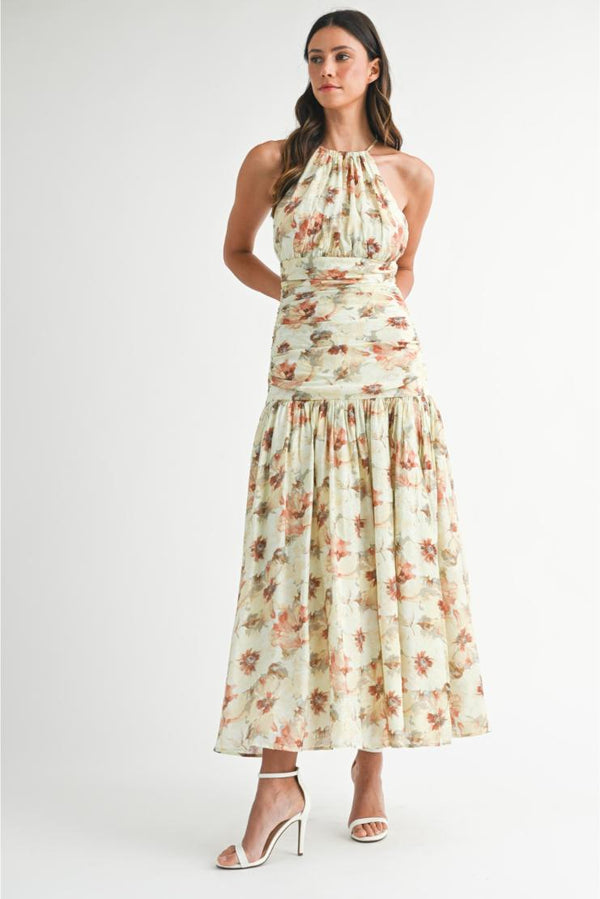 Summer Floral Print Ruched Halter Midi Dress - Yellow