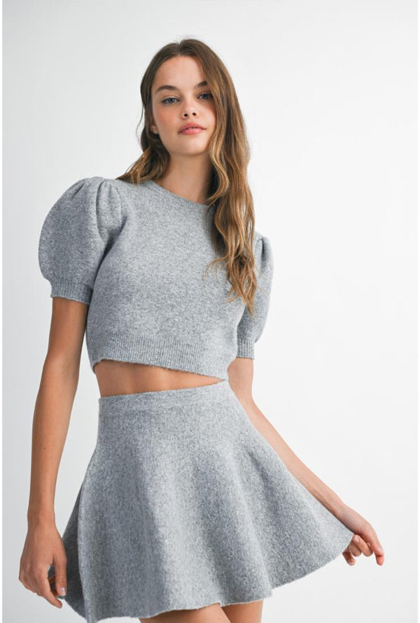 Zoie Puff Sleeve Knit Crop Top & Mini Skirt (Sold Separately) - Gray