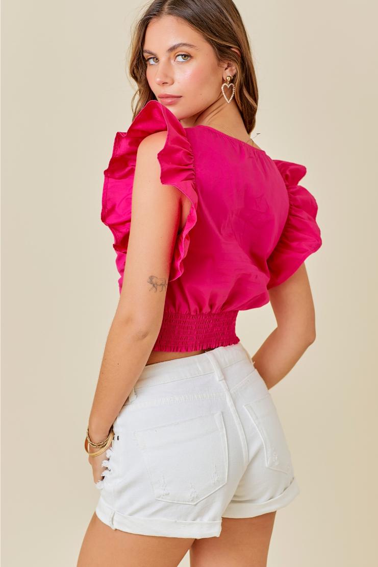 Becca Ruched Flutter Sleeve Cropped Top - Fuchsia