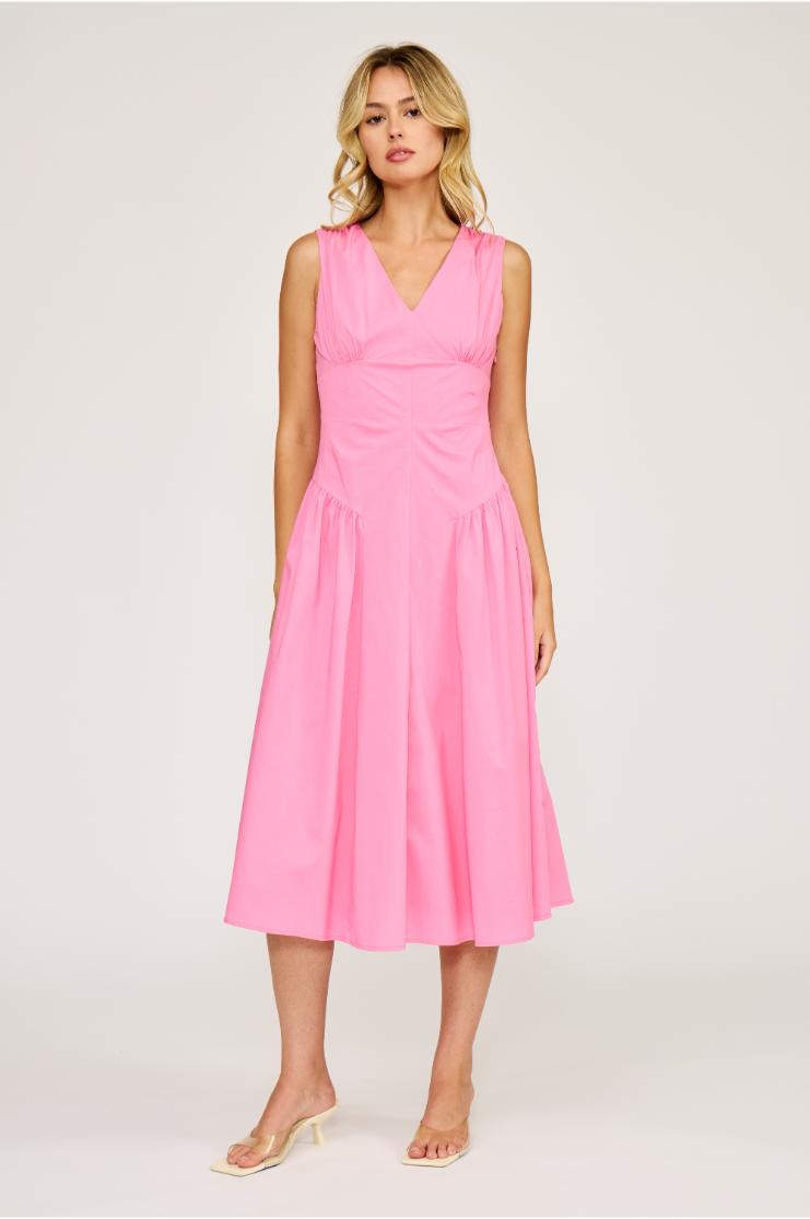 midi hot pink dress Hot Pink Sweetheart Neckline Midi Dress with Voluminous Sleeves