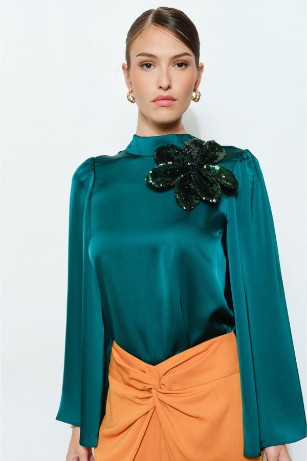 Suzette Sequin Applique Satin Long Sleeve Blouse - Emerald Green