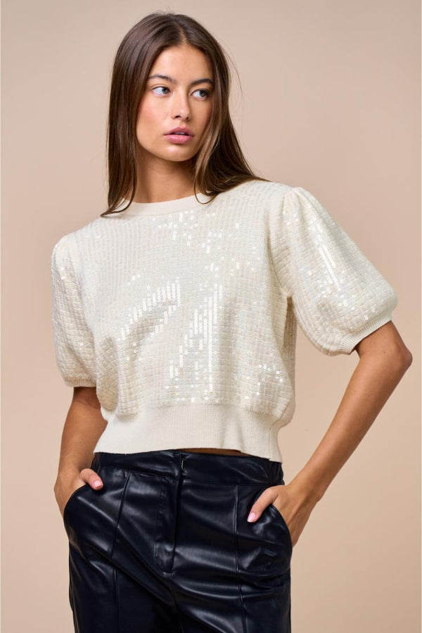 Courtney Sequin Puff Sleeve Knit Pull-Over - Ivory