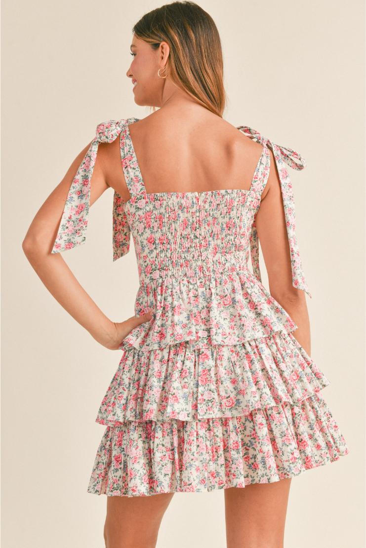 Emma Shabby Chic Floral Tiered Mini Dress - Ivory