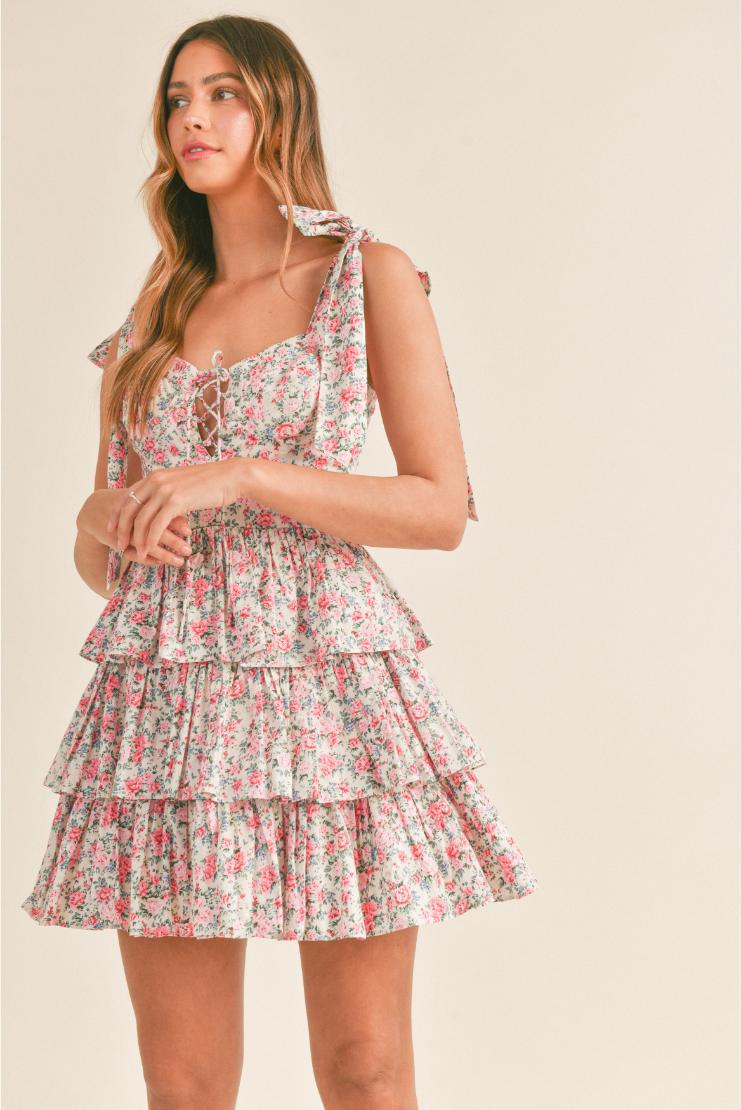Emma Shabby Chic Floral Tiered Mini Dress - Ivory