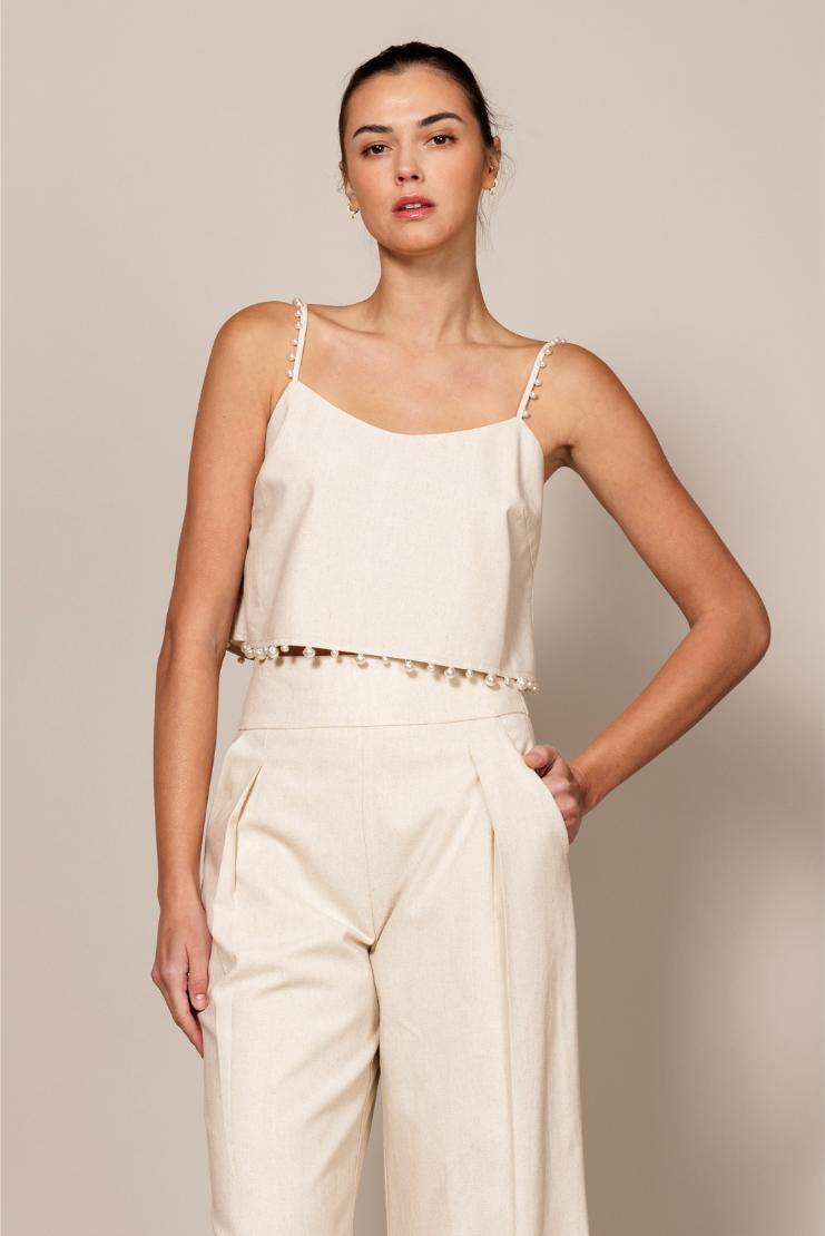 Charlie Ivory Linen Pearl Trimmed Crop Top