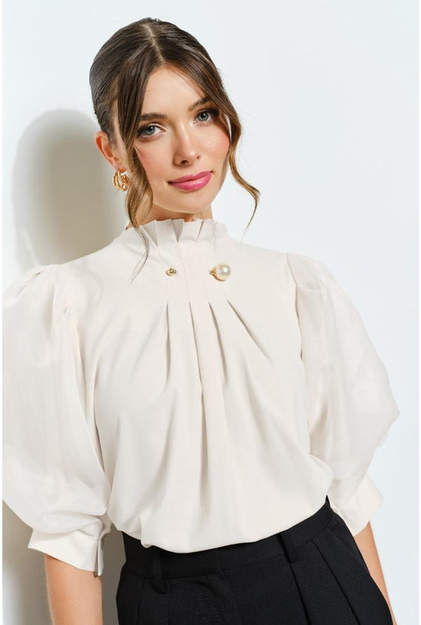 Perla Pearl Detail Pleated Puff Sleeve Blouse