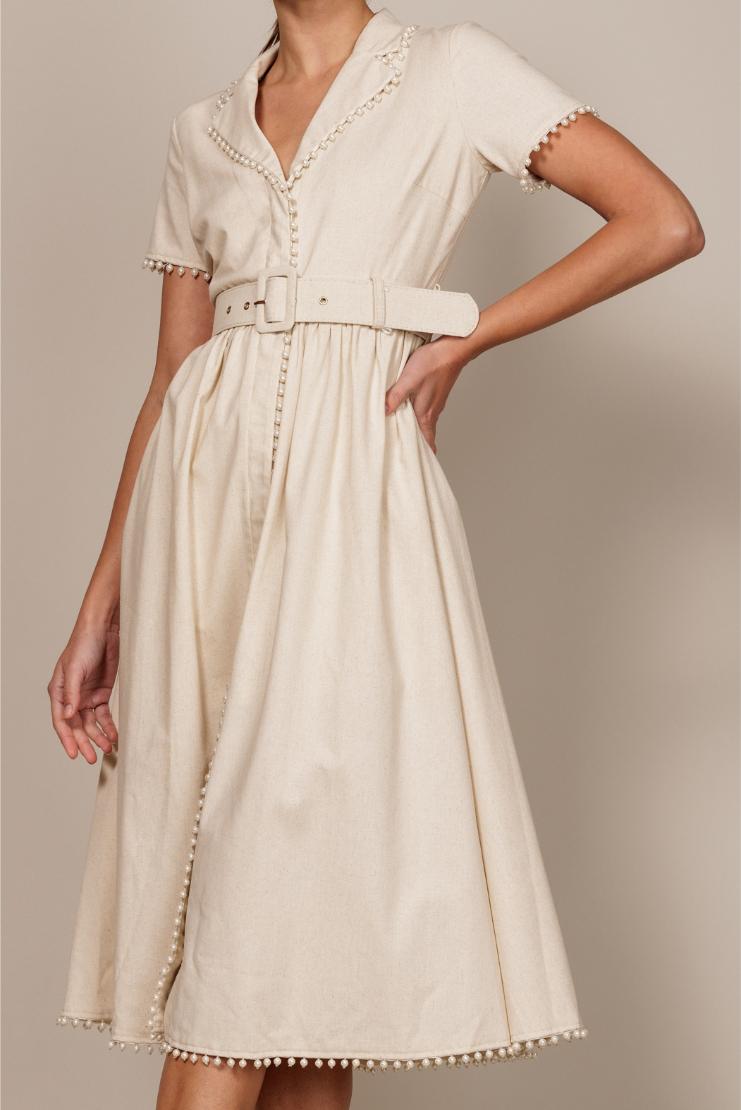 Mary Jane Pearl Trimmed Ivory Linen Midi Dress