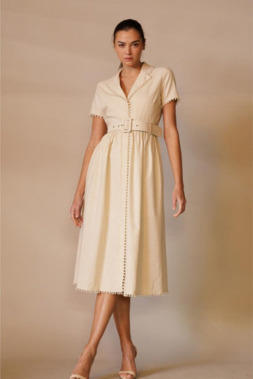 Mary Jane Pearl Trimmed Linen Midi Dress - Ivory