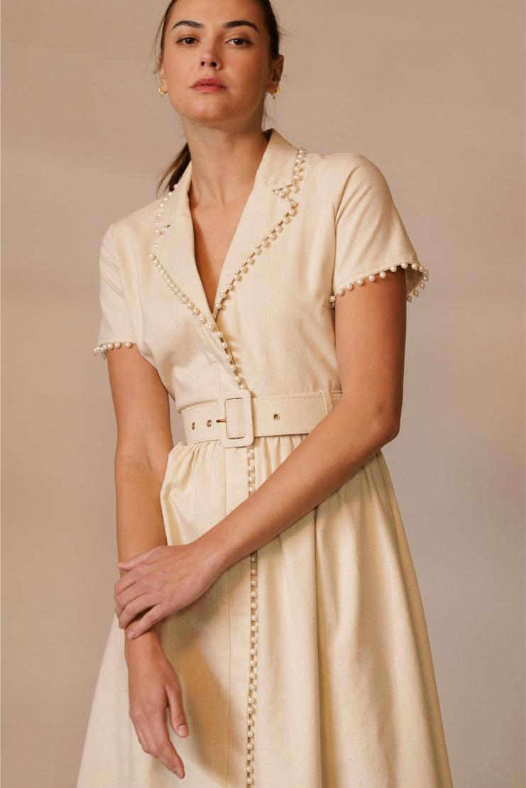 Mary Jane Pearl Trimmed Ivory Linen Midi Dress