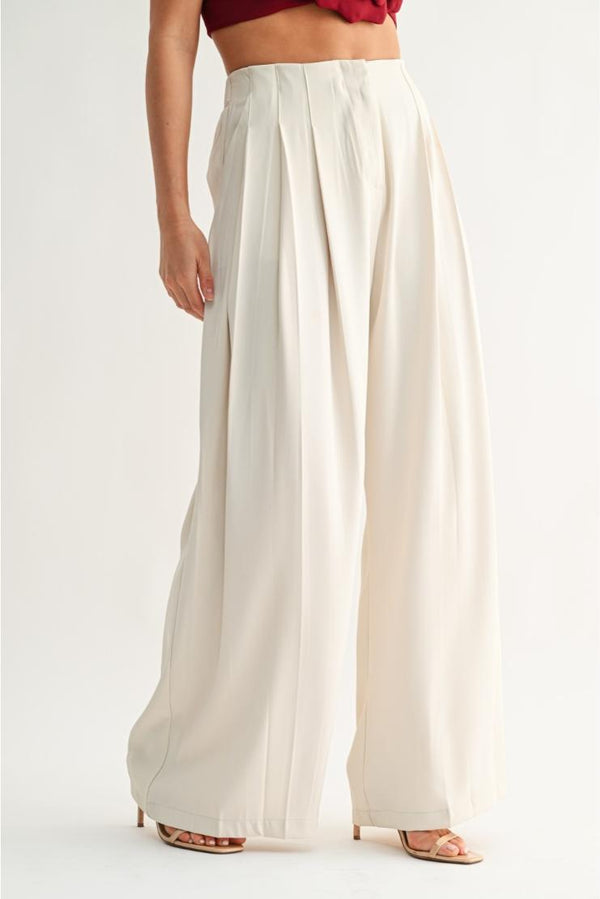 Arden Pleated Wide Leg Chiffon Trousers - Ivory