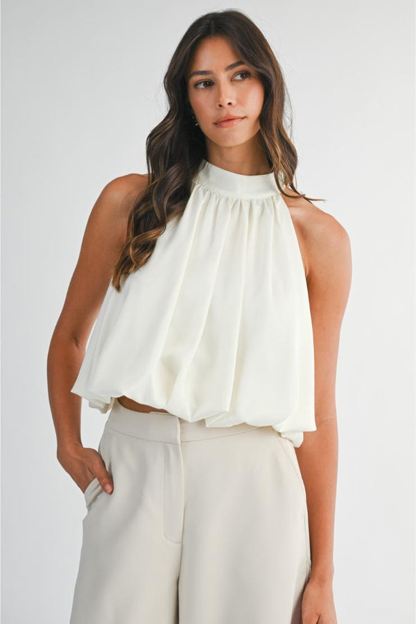 Ellis Satin Bubble Hem Crop Halter Top - Ivory