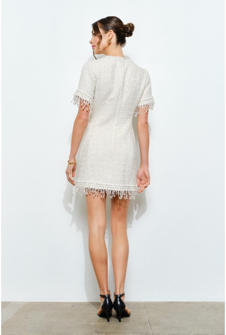 Women's Iris Beaded Fringe Tweed Mini Dress - Ivory In Size Small - Pippa & Pearl Women's Iris Beaded Fringe Tweed Mini Dress - Ivory In Size Small - Pippa & Pearl