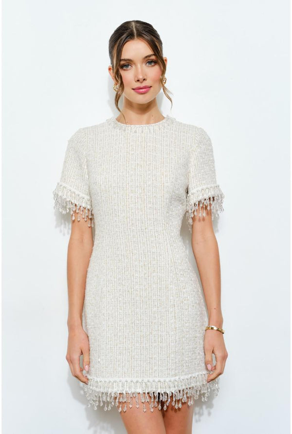 Iris Beaded Fringe Tweed Mini Dress - Ivory