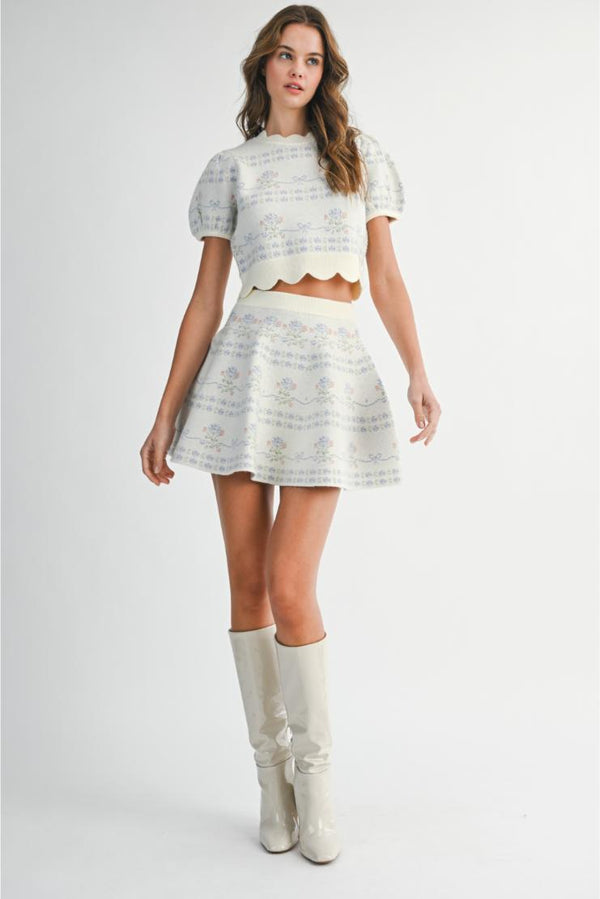 Lizzie Jacquard Bow Knit Puff Sleeve Top & Matching Skirt (Sold Separately)