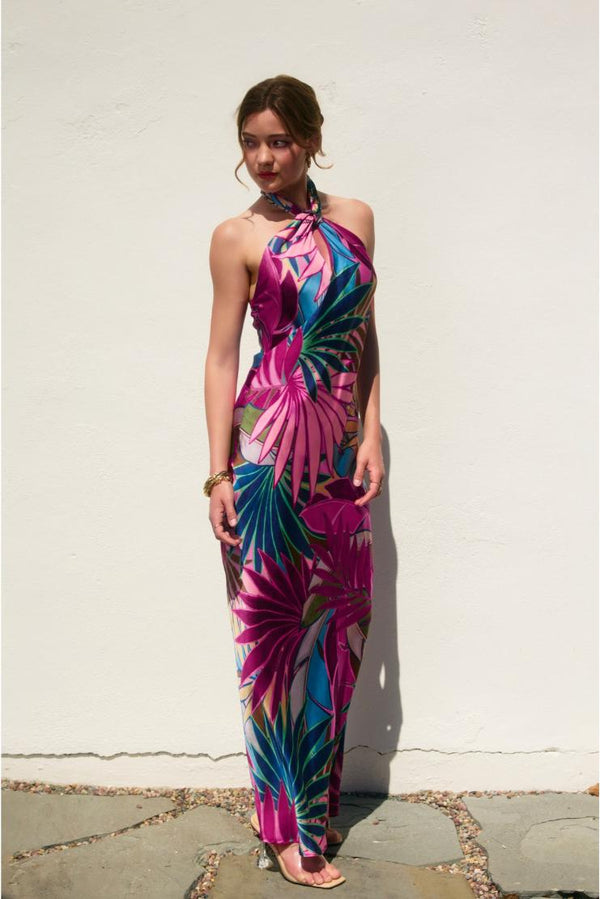 Aloha Jewel Toned Palm Print Satin Halter Maxi