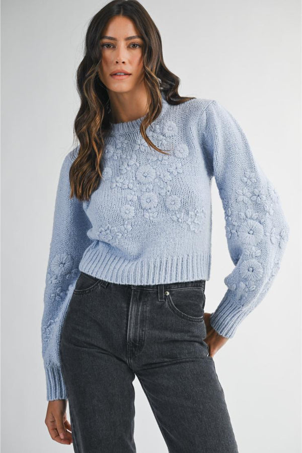Tia Floral Embroidered Long Sleeve Sweater - Light Blue