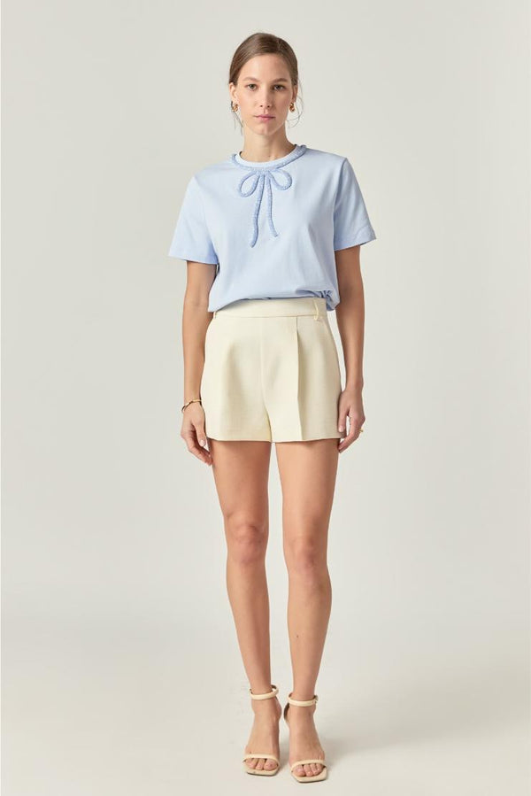 Elsie Beaded Bow Neck Detail Short Sleeve Top - Light Blue