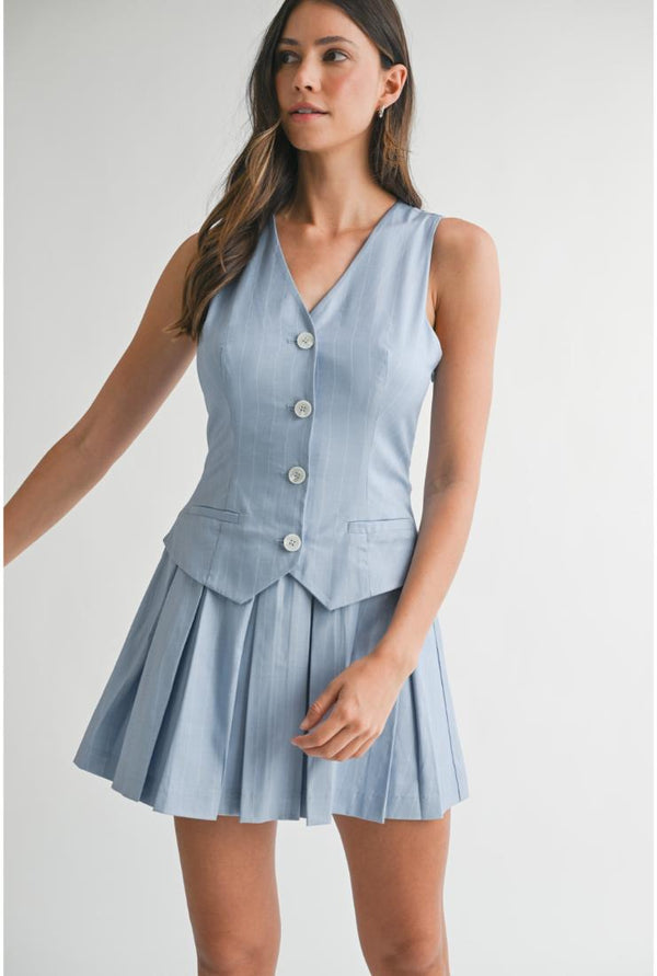 Bobbi Striped Vest Bodice Mix Pleated Skirt Mini Dress