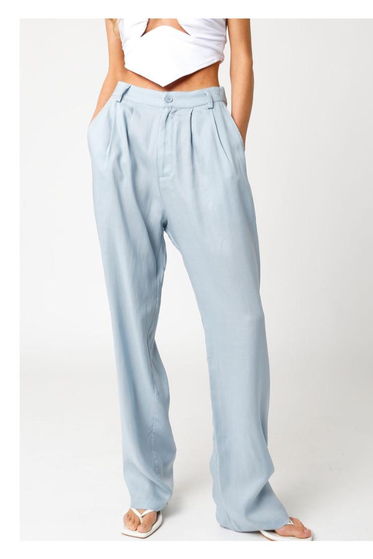Amina Pleated Straight Leg Relaxed Trousers - Light Blue